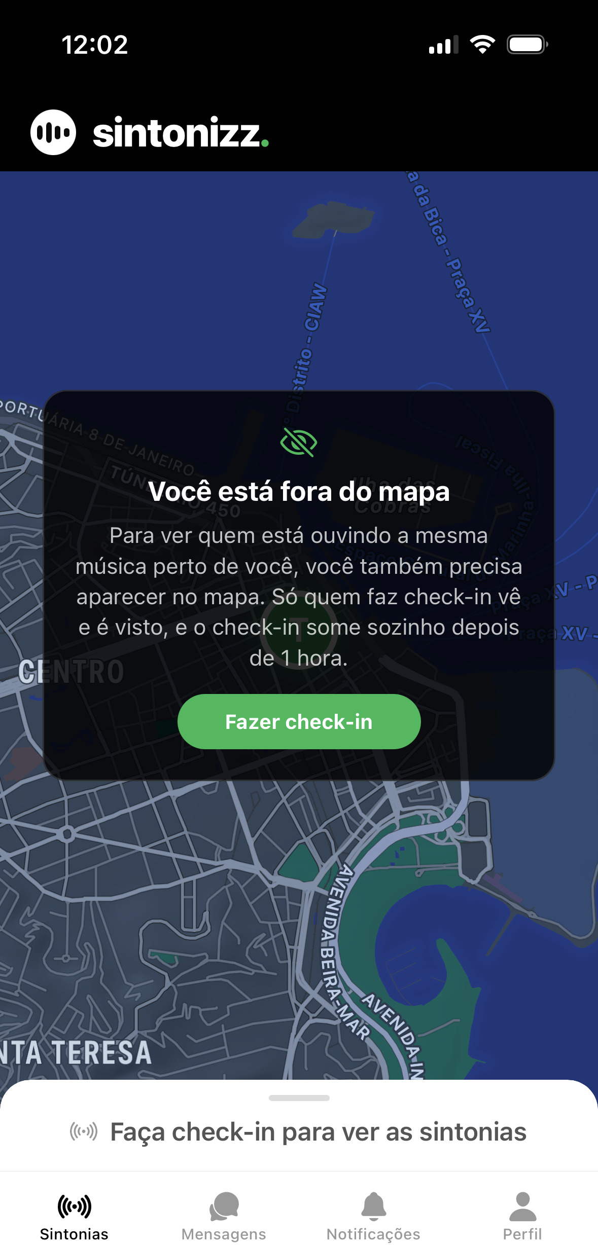 Aviso de que você está fora do mapa, com o botão Fazer check-in