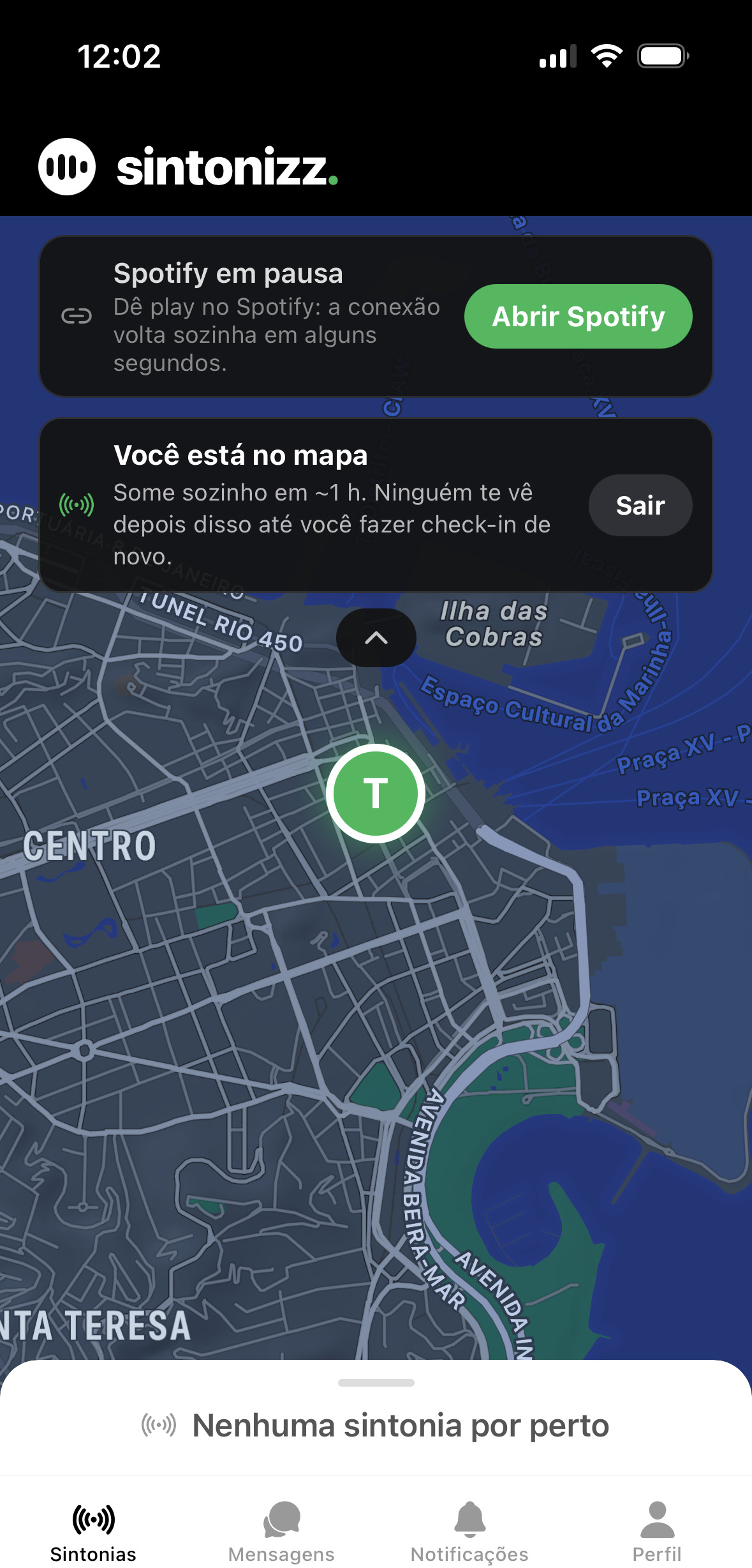 Mapa do Centro do Rio com o aviso para abrir o Spotify